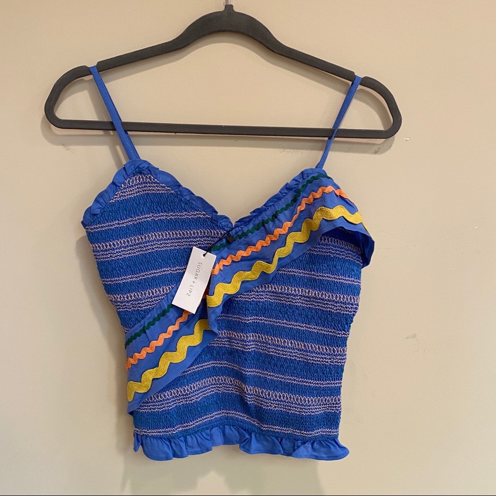 Blue/Colorful Pattern Ruffle Tank Top NWT - Picture 3 of 4